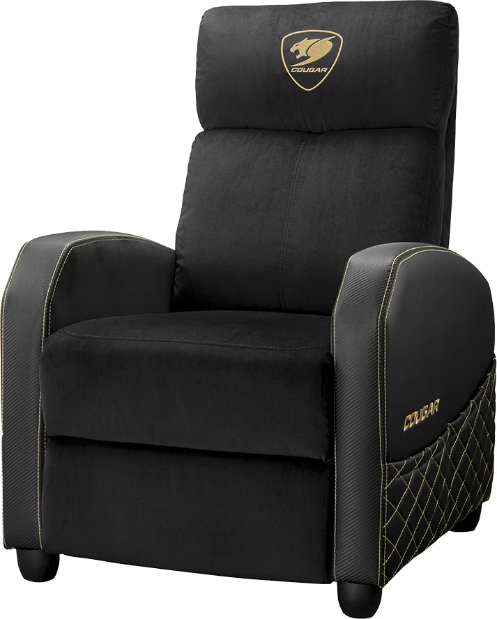 Sofa gaming COUGAR Ranger Elite Gold, kënd shpine 95-160°, kapacitet 135 kg, pëlhurë velvet, kornizë çeliku, zi/ari