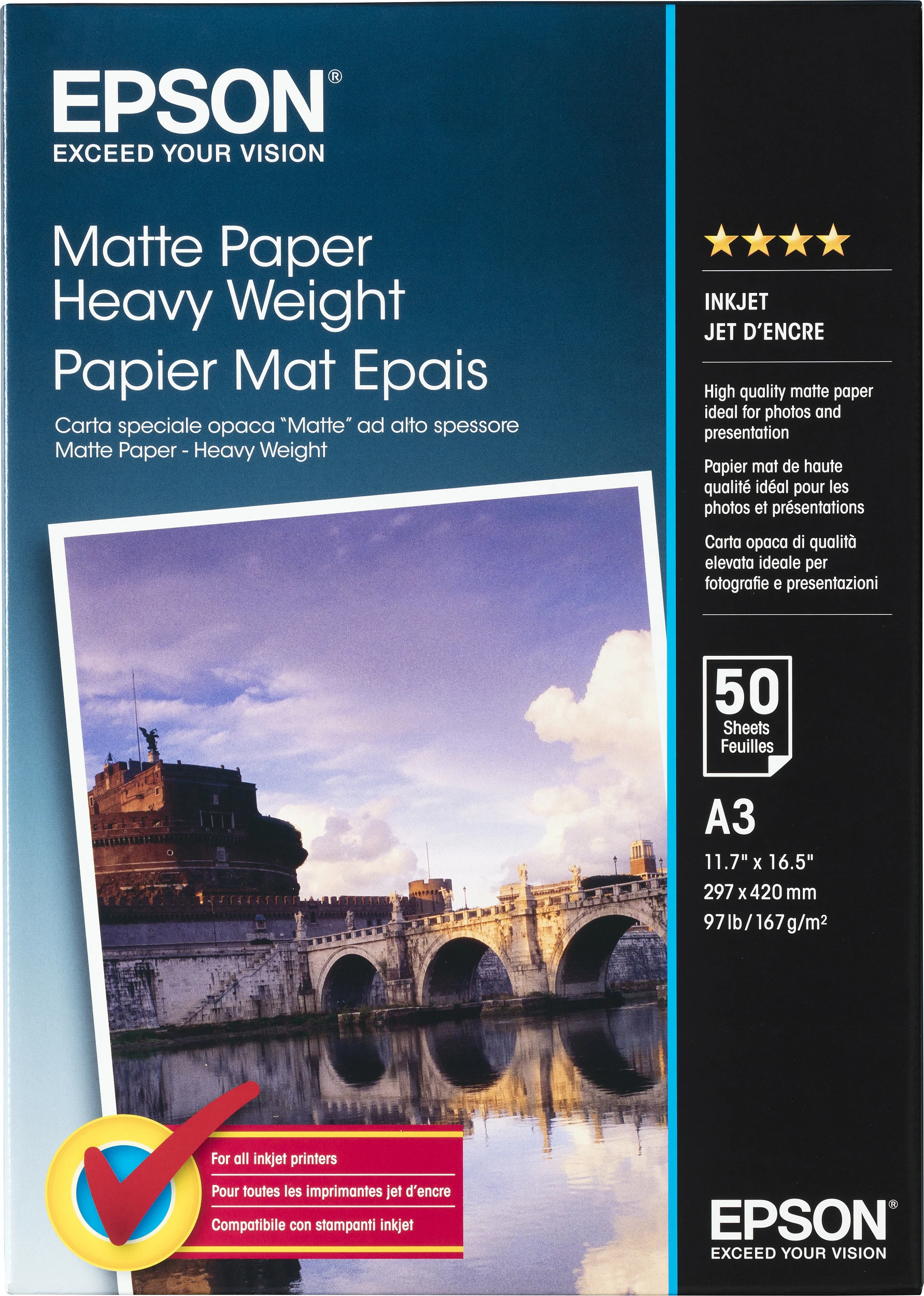 Letër mat Epson Matte Paper Heavy Weight A3, 167g/m², 50 fletë, e bardhë