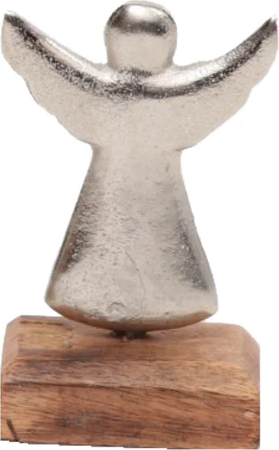 Dekor engjëll për Krishtlindje, alumin argjend, dru mango natyral, 5x8x13cm