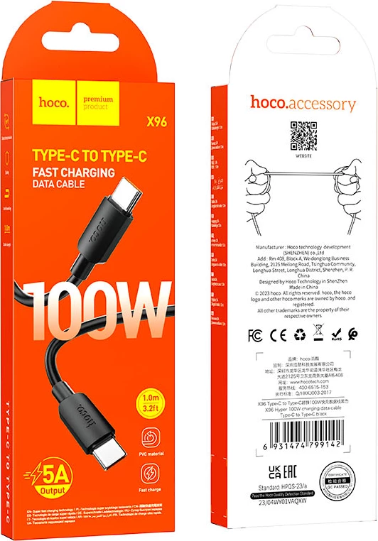 Kabllo karikimi dhe të dhënash HOCO X96 Type-C në Type-C 1m 100W 5A, e zezë