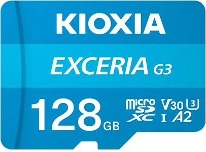 Kartë memorie microSD Kioxia Exceria G3 LMEX3L128GG2 128GB UHS-I U3 V30 A2, me adapter për SD