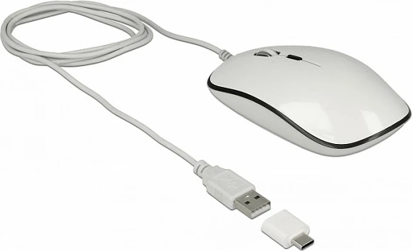Maus DeLOCK 12532, me kabllo USB-A/adapter USB-C, optik 3200 DPI, ambidekster, i bardhë