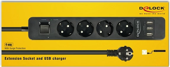 Zgjatues rryme DeLOCK 11209, 4 priza Schuko, 3x USB, kabllo 1.5 m, ndërprerës, i zi