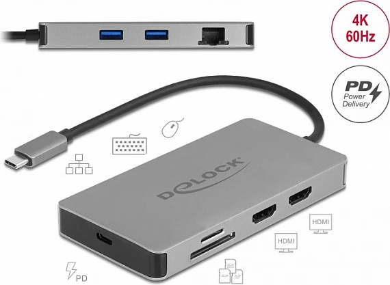 Docking station USB-C DeLOCK 4K Dual HDMI MST, USB 3.2, SD/microSD, LAN, PD 85W, Gri