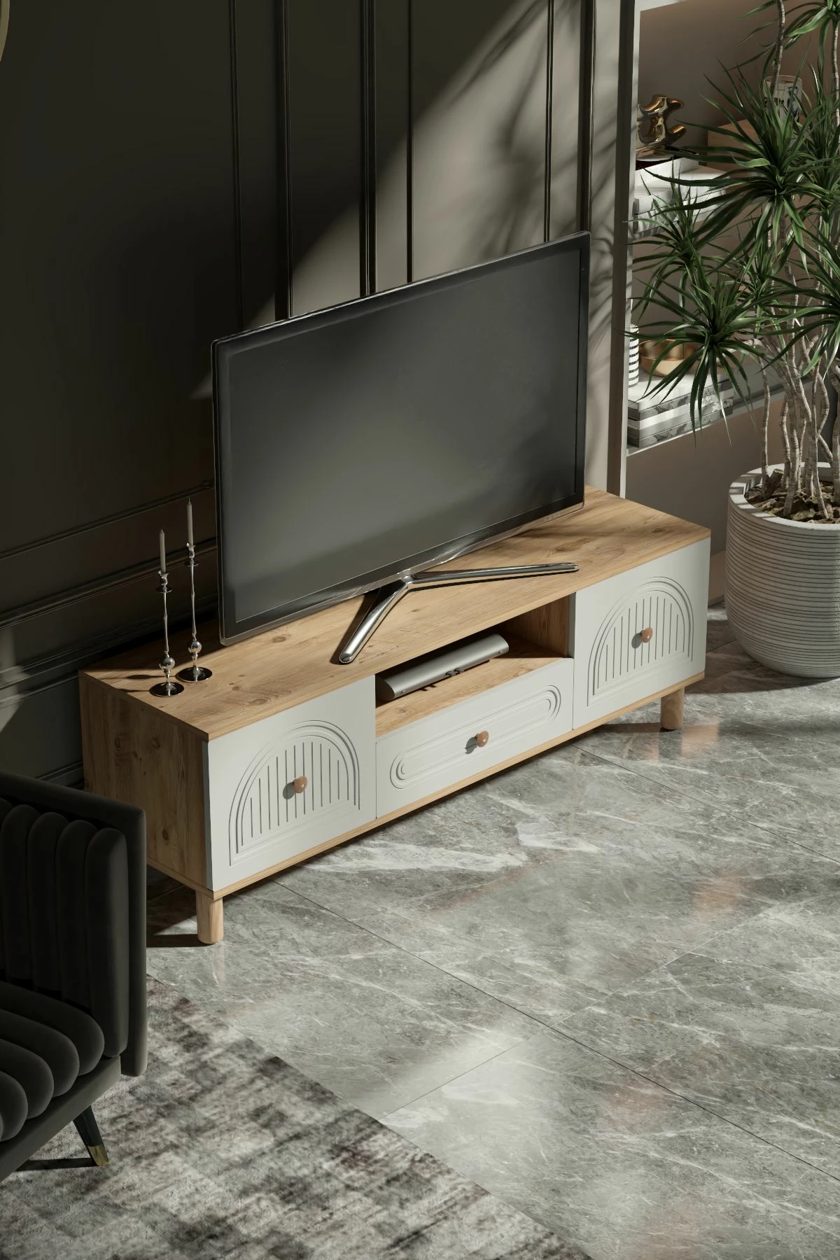 Komodë TV Skye Decor, Arcera 150, ngjyrë Atlantic Pine dhe e bardhë