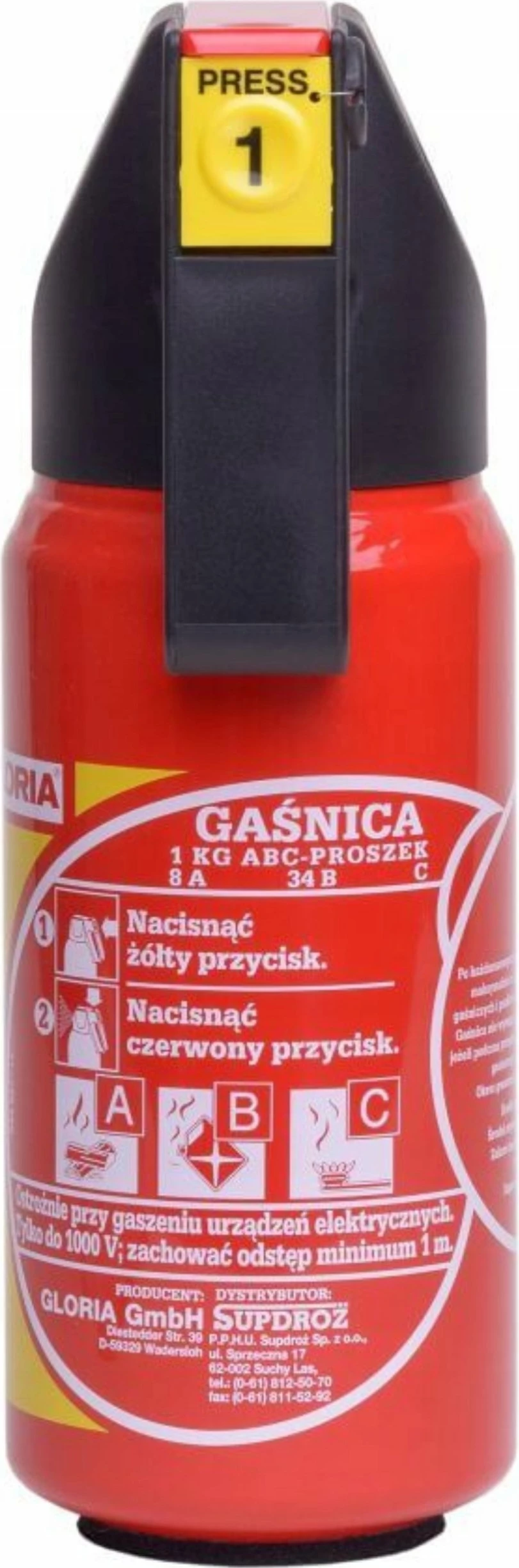 Aparat zjarrfikës me pluhur Gloria P1-GAM 1 kg, 8A 34B, për klasa A/B/C, i kuq, set me trekëndësh dhe jelek reflektues