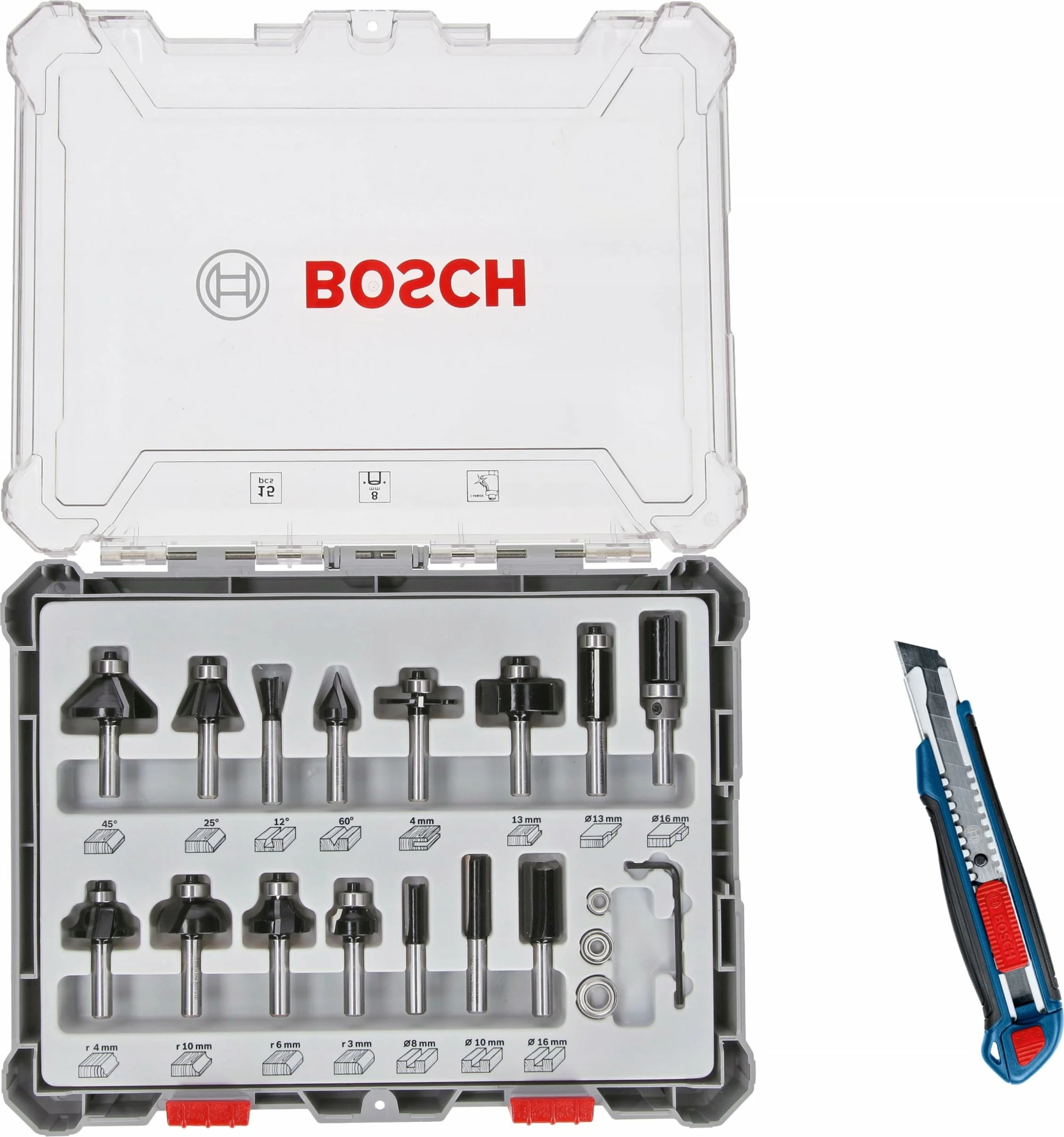 Set frëzash për frezë Bosch Professional 0615997653, bosht 8 mm, karbid, 15 copë