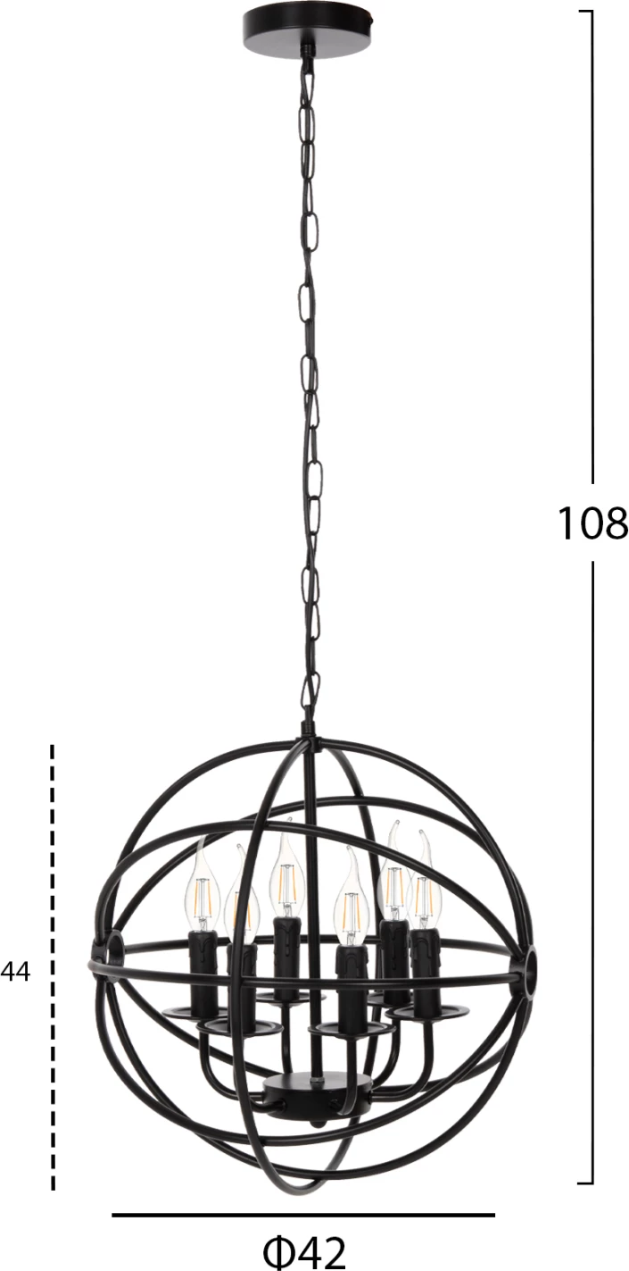 Llambë varëse tavani, sferë metalike e zezë, 6-drita, FH4127, Φ42x108H cm