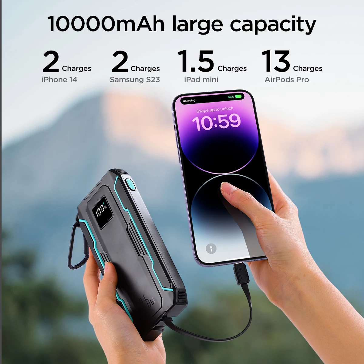 Powerbank Joyroom JR-L017, 10000mAh, 22.5W, me kabllo USB-C/Lightning të integruara, e zezë
