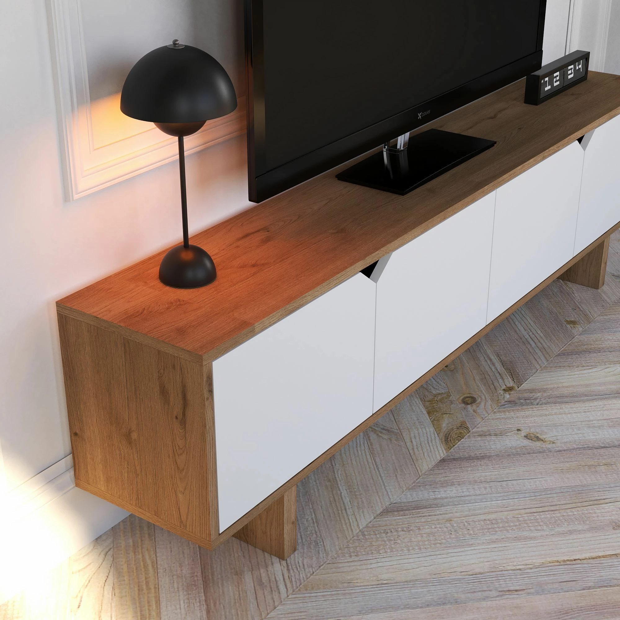 Komodë TV Skye Decor, ngjyrë lisi dhe e bardhë