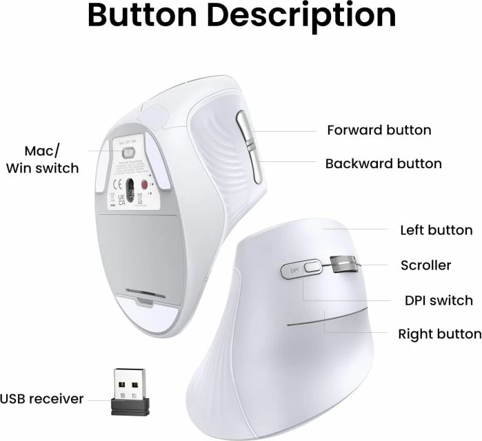 Maus vertikal ergonomik wireless UGREEN 45759, Bluetooth/2.4GHz, 4000 DPI, i bardhë