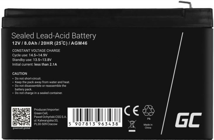 Bateri rikarikueshme Green Cell AGM46, 12V 8Ah, e zezë