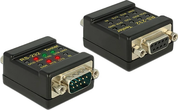 Tester RS-232 DeLOCK DB9 mashkull në DB9 femër, LED, Plug and Play, i zi