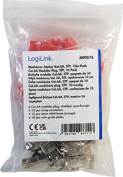 Konektor RJ45 LogiLink Cat.6A STP pass-through, paketim 10 copë, portokalli