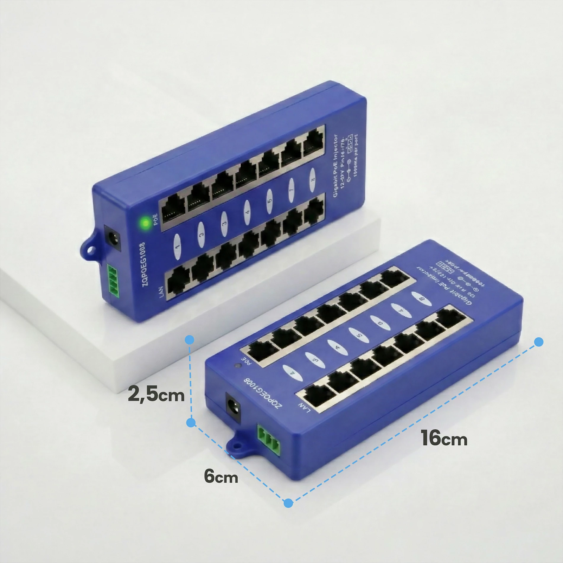 Injektor PoE Extralink ZQPOEGI08, 8 porta Gigabit, Mode B, 48V, i kaltër