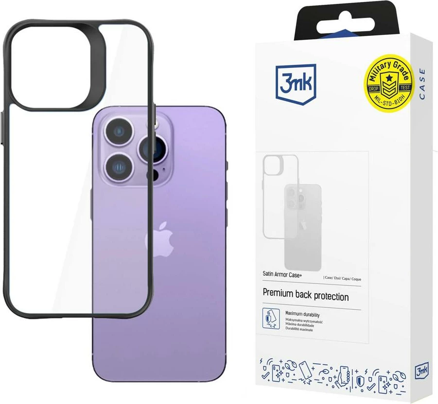 Mbështjellës 3mk Satin Armor Case+ për iPhone 14 Pro Max, i zi, Transparent