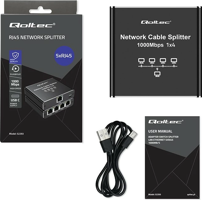 Switch rrjeti Qoltec 52293, 5 porta RJ45, 1000Mb/s, alumini, USB-C