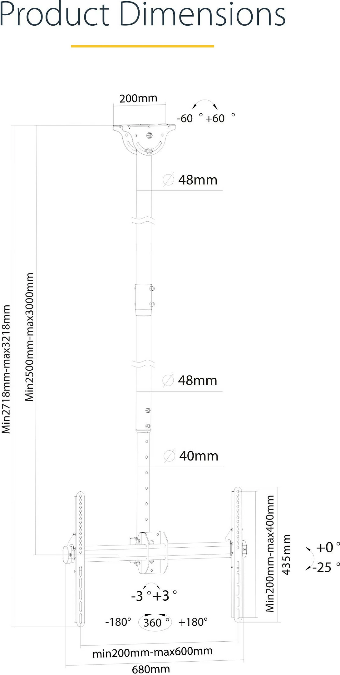 Mbajtëse tavani për TV StarTech, shtyllë 2.5–3 m, VESA 200x200–600x400, 32–75", 50 kg, e zezë