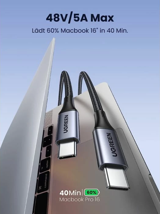 Kabllo karikimi USB-C në USB-C UGREEN 90440, 2 m, 240 W, PD 3.1, gri/zezë