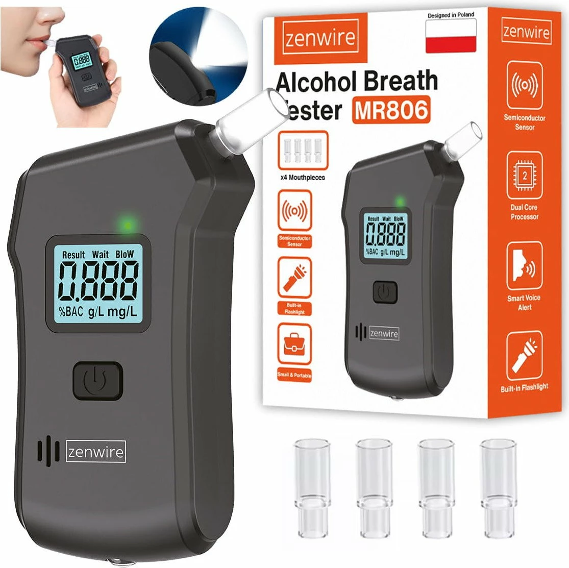 Alkotest digjital Zenwire MR806, 0.0–2.0‰, saktësi 0.01‰, me llambë dore, i zi, set 5 grykë