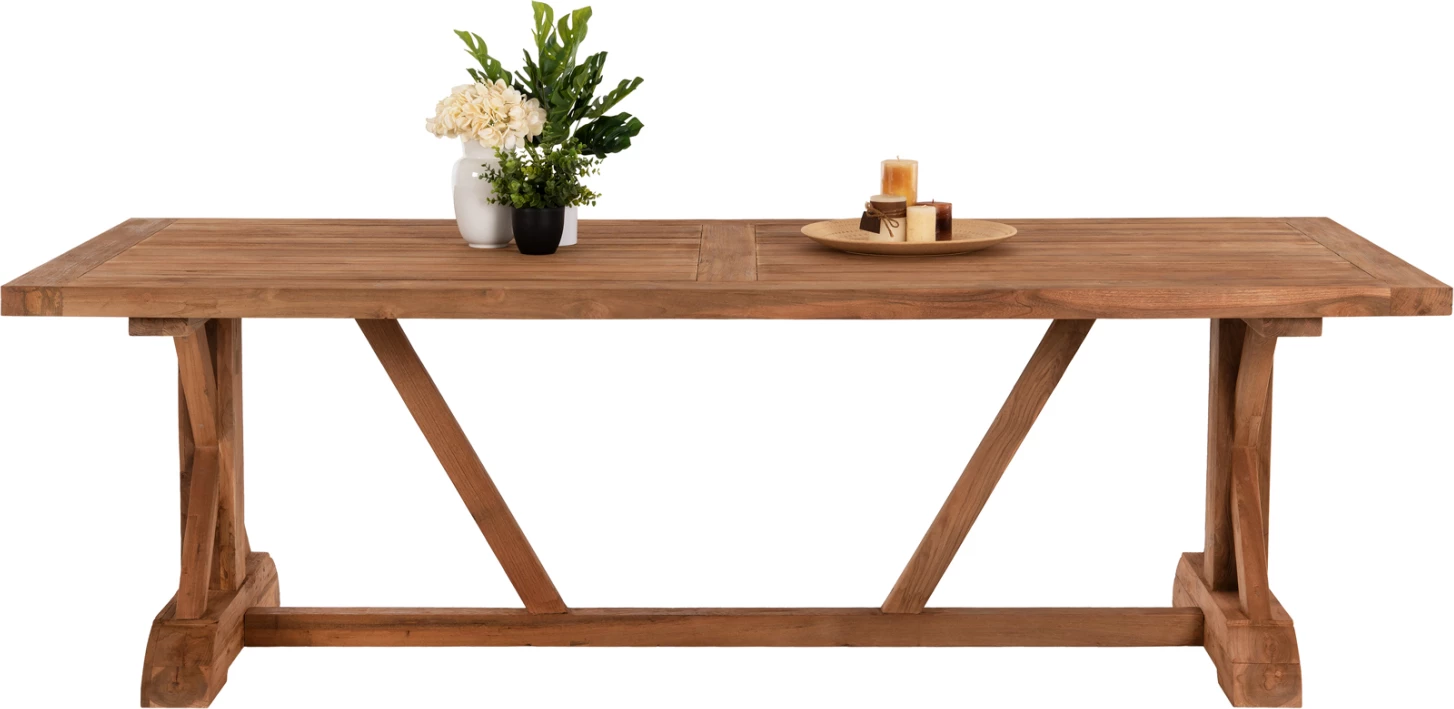Tavolinë ngrënieje me këmbë kryq, dru TEAK, ngjyrë natyrale, FH9563, 350x120x75H cm