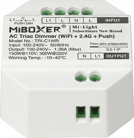 Kontroller dimmeri LED Miboxer TRI-C1WR, WiFi + 2.4G + Push, AC TRIAC, 100-240V, i bardhë