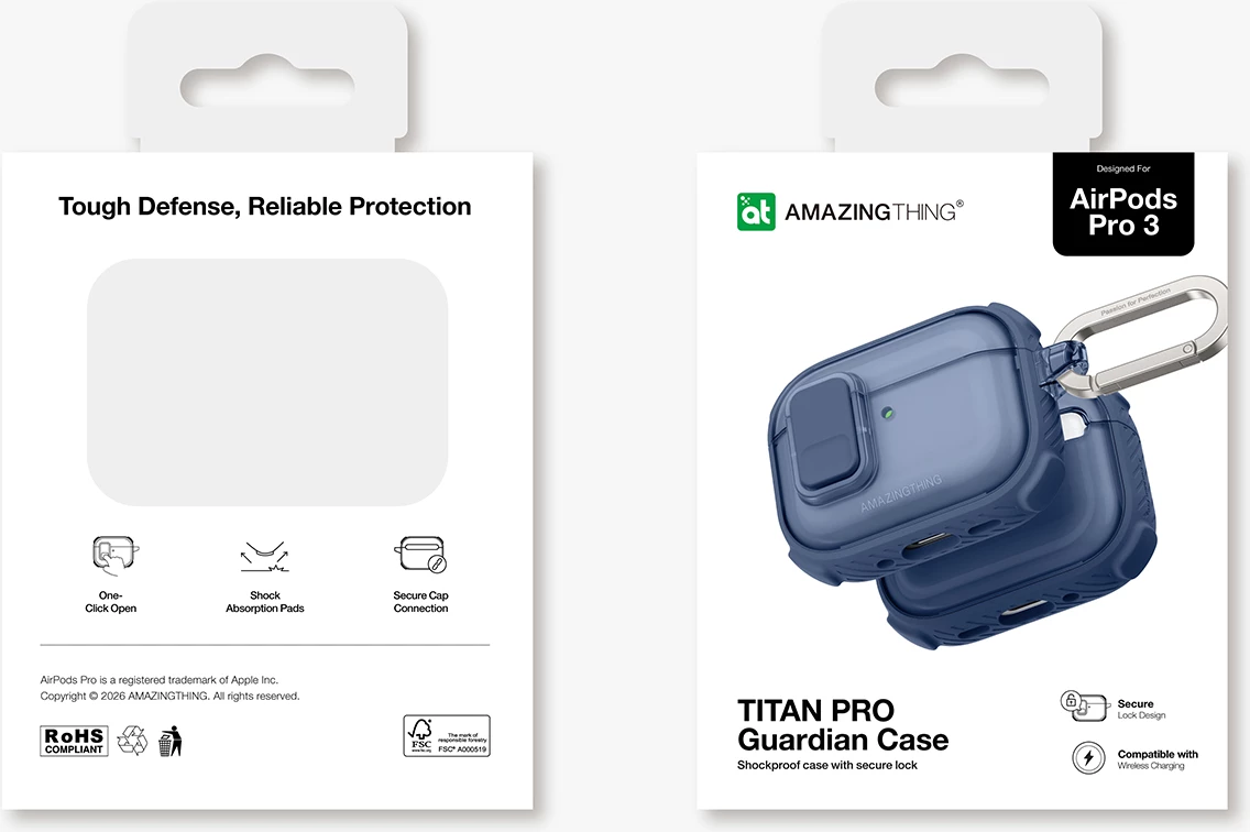 Mbështjellës për kufje AmazingThing Titan Pro Mag Case Clear për AirPods Pro 3, PC+TPU, me karabiner, mbështetje karikim wireless, blu