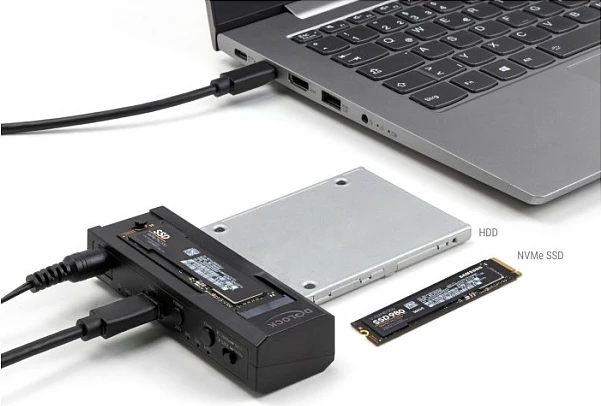 Konvertues USB-C DeLOCK për M.2 NVMe + SATA 2.5/3.5, funksion klonimi, i zi