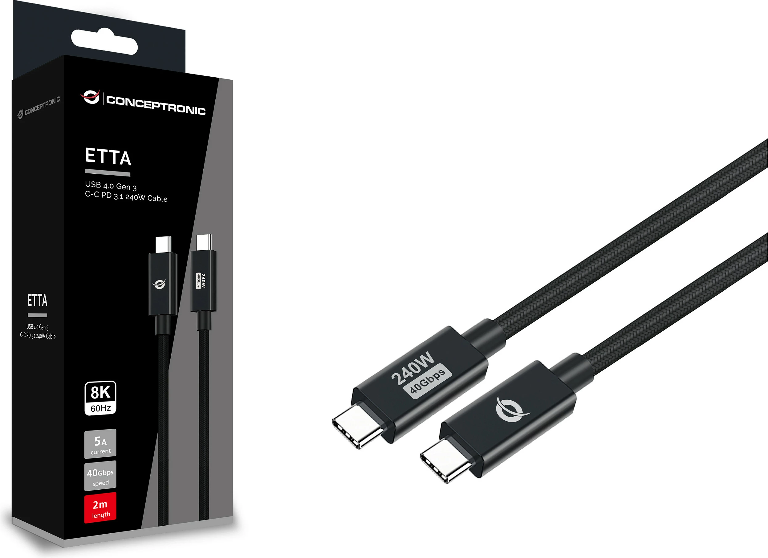 Kabëll USB-C Conceptronic ETTA04B20, USB4 Gen 3x2, PD 3.1 240W, 2 m, i zi