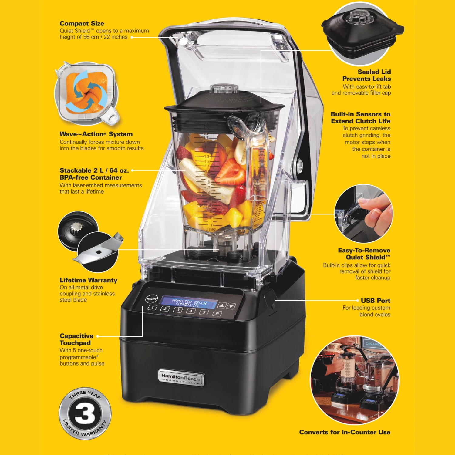 Blender komercial Hamilton Beach Commercial HBH755R-CE 64oz/2L me QuietBlend dhe Wave~Action, i zi