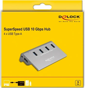 USB hub DeLOCK USB 3.2 Gen 2, 4x USB-A 10Gbps, metal, kabllo 0.8m, gri