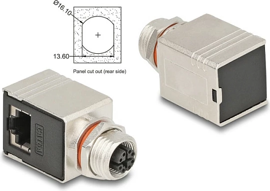 Adapter Ethernet DeLOCK M12 X-coded 8-pin (F) në RJ45 (F), Cat6A, 90°, STP, i zi/metalik