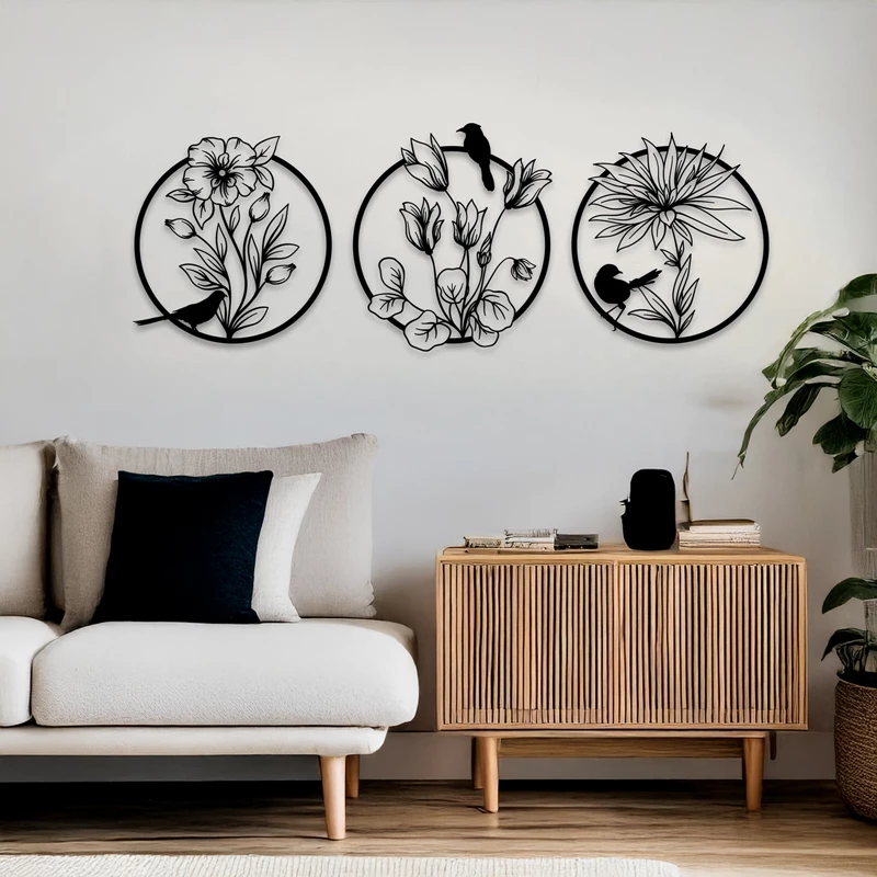 Dekor muri Renka, set prej 3 copash, metal i zi, D30x1.5cm