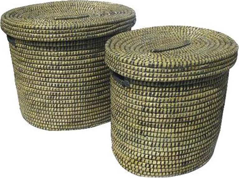 Set shporta me kapak KENYA, 2 copë, 55x55x50cm, kansgrass natyral, PVC, e zezë