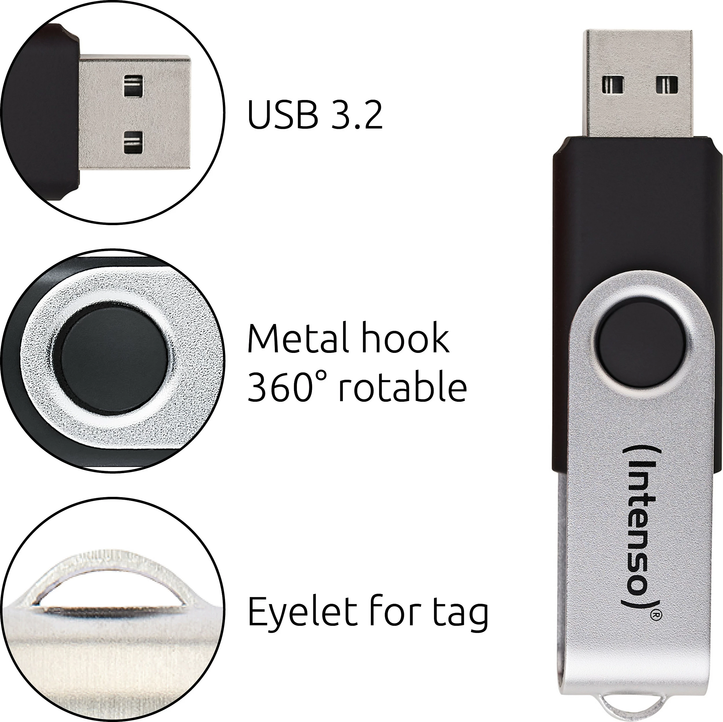 USB memorje Intenso Office Line, 32 GB, USB-A 3.2 Gen 1, swivel, zezë-argjend