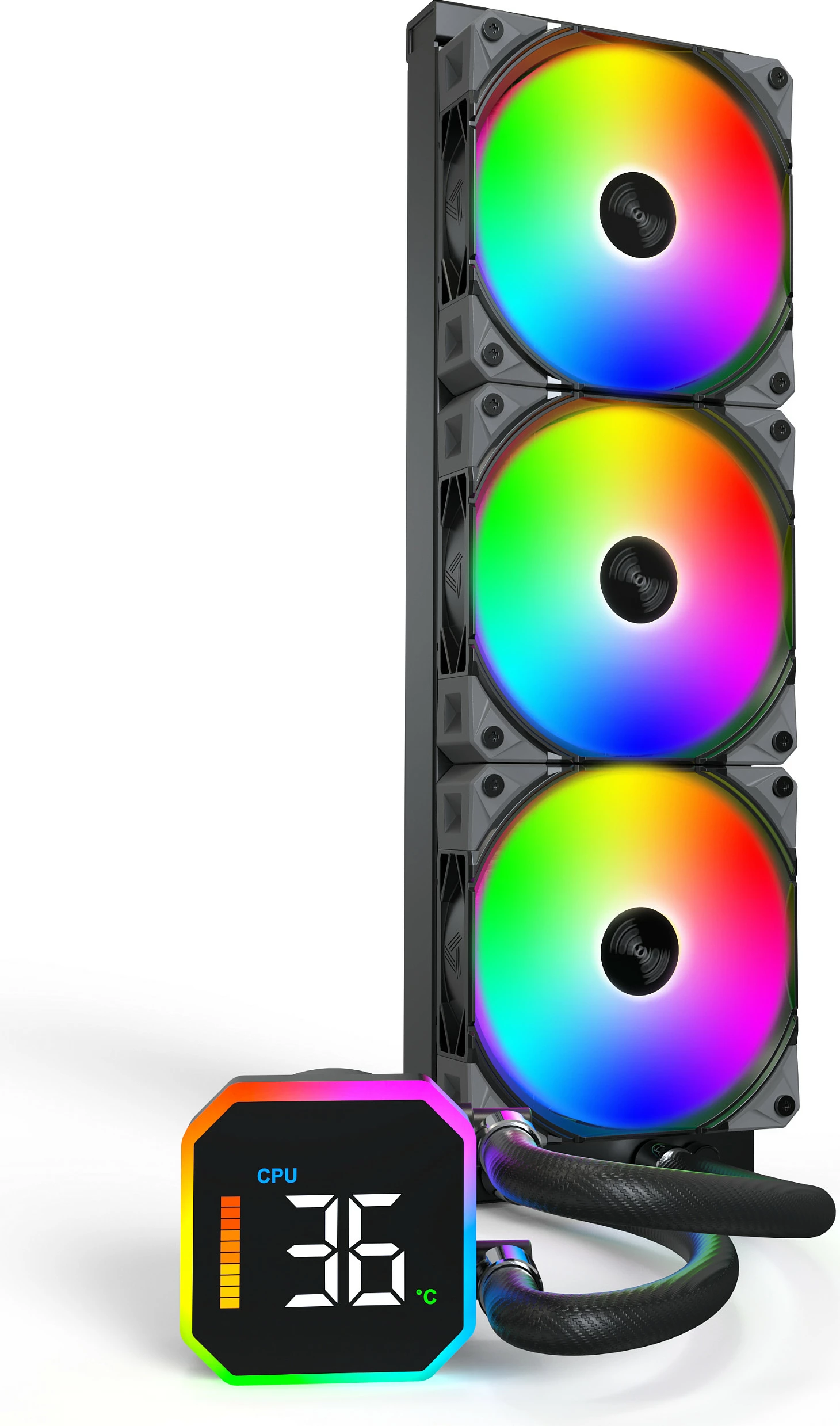 Ftohës uji AIO Montech HyperFlow Digital 360, radiator 360mm, 3x120mm RGB, 129.5 m³/h, i zi