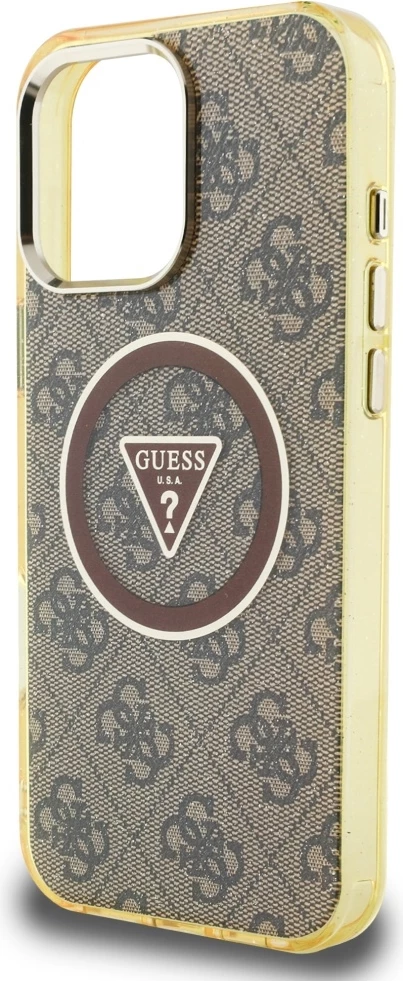 Mbështjellës Guess IML Metal Glitter 4G Circle Triangle MagSafe për iPhone 16 Pro Max, Kafe