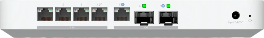 Gateway rrjeti Ubiquiti UniFi Cloud Gateway Fiber, 3GB RAM, WAN SFP+ + RJ-45, LAN SFP+ + 4x RJ-45, i bardhë, me adapter rryme