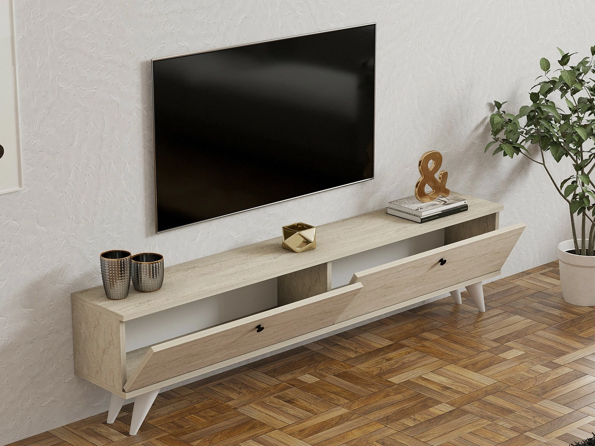 Komodë TV Skye Decor, Paris, ngjyrë travertin