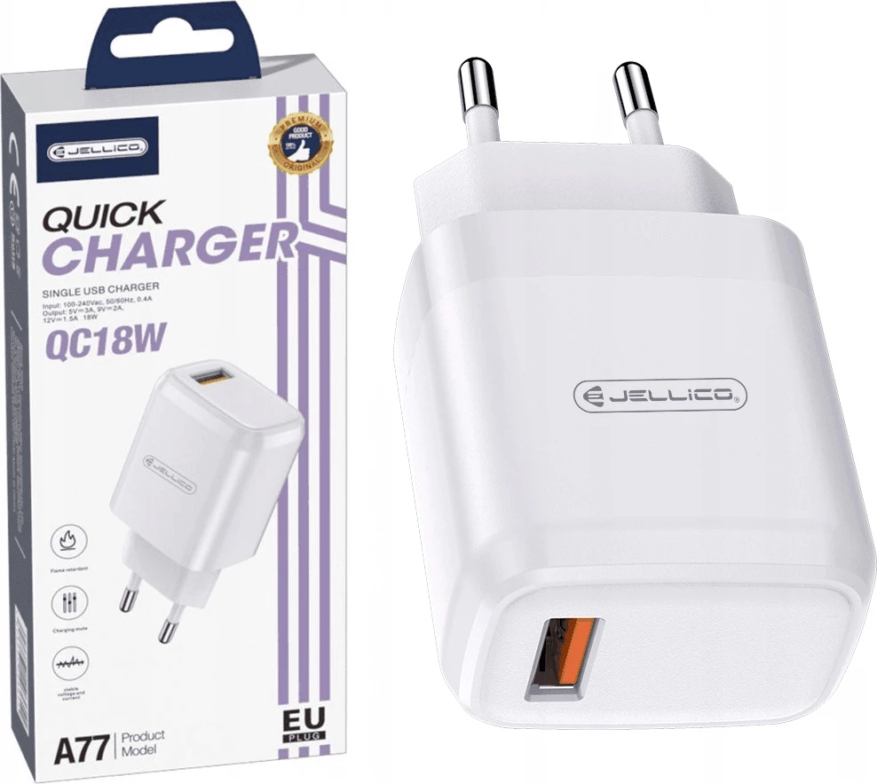 Karikues muri Jellico A77 Quick Charge 22.5W 3.0A, USB-A (EU blister), i bardhë