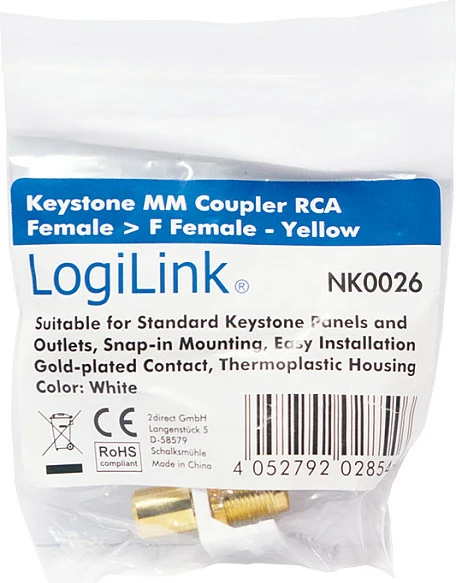 Adapter keystone LogiLink, RCA femër në F femër, i verdhë