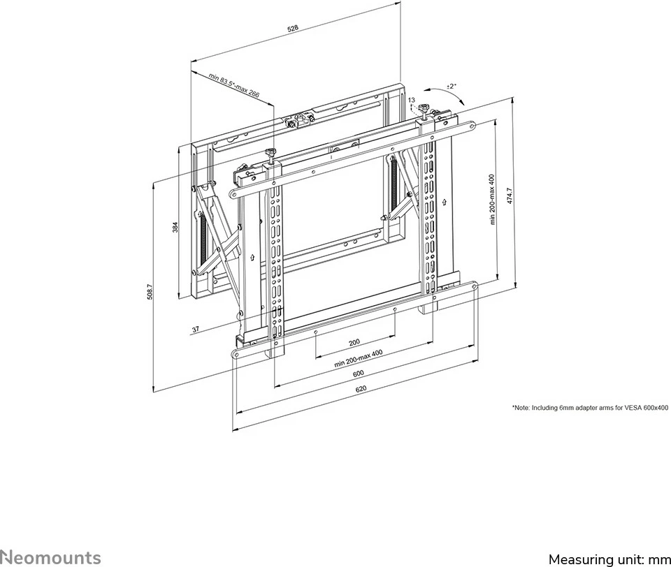 Mbajtës muri për videowall Newstar WL95-800BL1, 42-70 inç, pop-out, çelik, rregullim lartësie, 35 kg