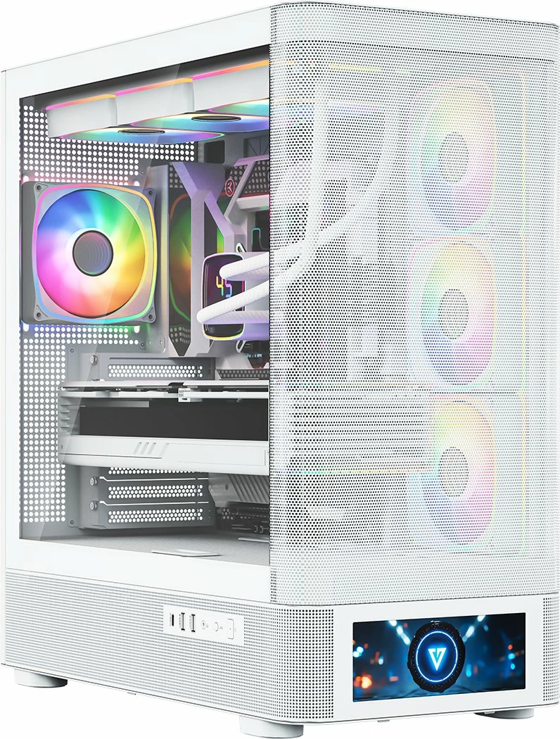 Kasë Modecom Volcano AQ500 ARGB MC-A-AQ500-4FA-W, Midi Tower, LCD ekran, 4x120mm ARGB ventilatorë, ATX/mATX/ITX, USB-C, e bardhë