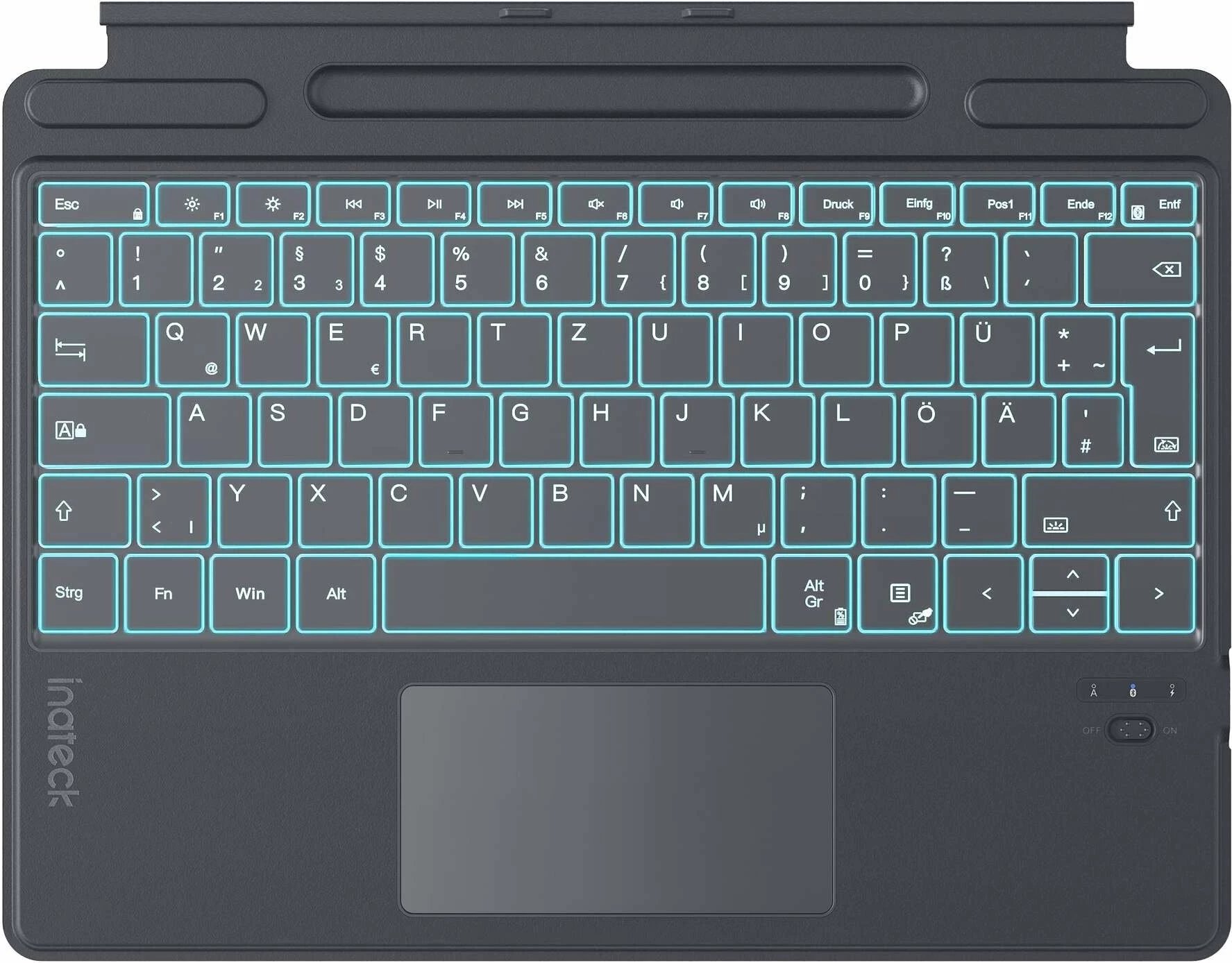 Tastierë Inateck KB05114, Bluetooth 5.3, QWERTZ, me touchpad, me ndriçim të tasteve, karikim USB-C, për Surface Pro 8/9/10/11/X, gri