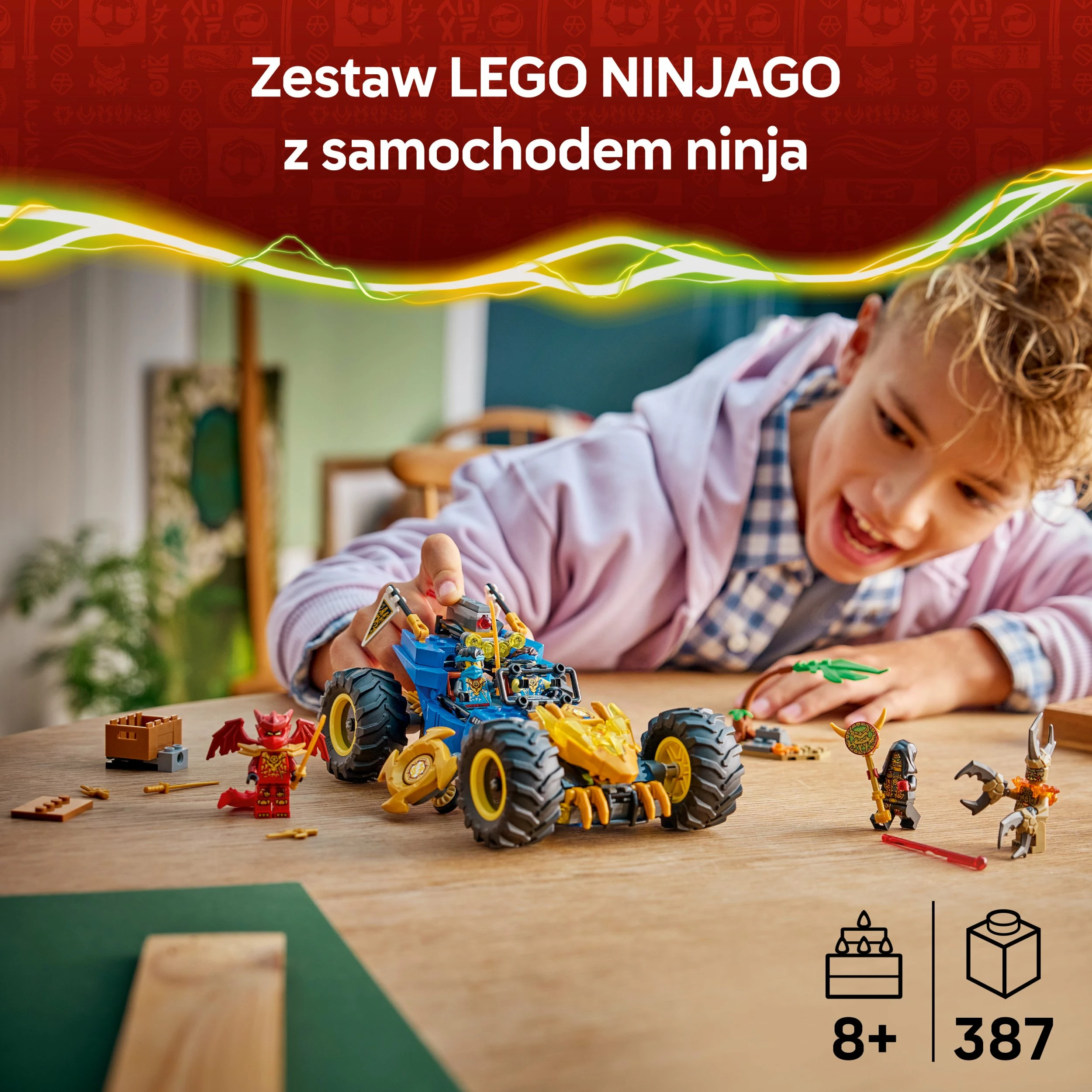 Set ndërtimi LEGO NINJAGO Jay's Multi-Function Car 71856, 387 pjesë, 5 minifigura