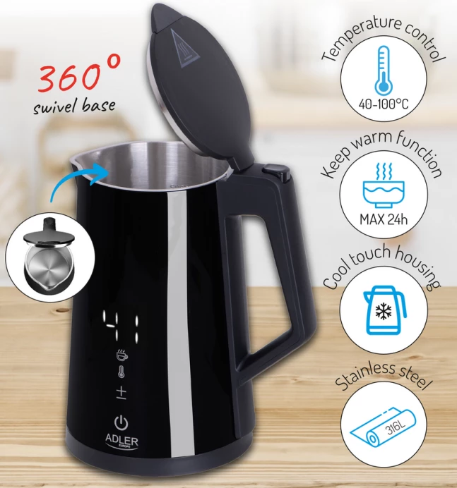 Çajnik elektrik ADLER AD1345B 1.7L 2200W me ekran LED dhe rregullim temperature, i zi