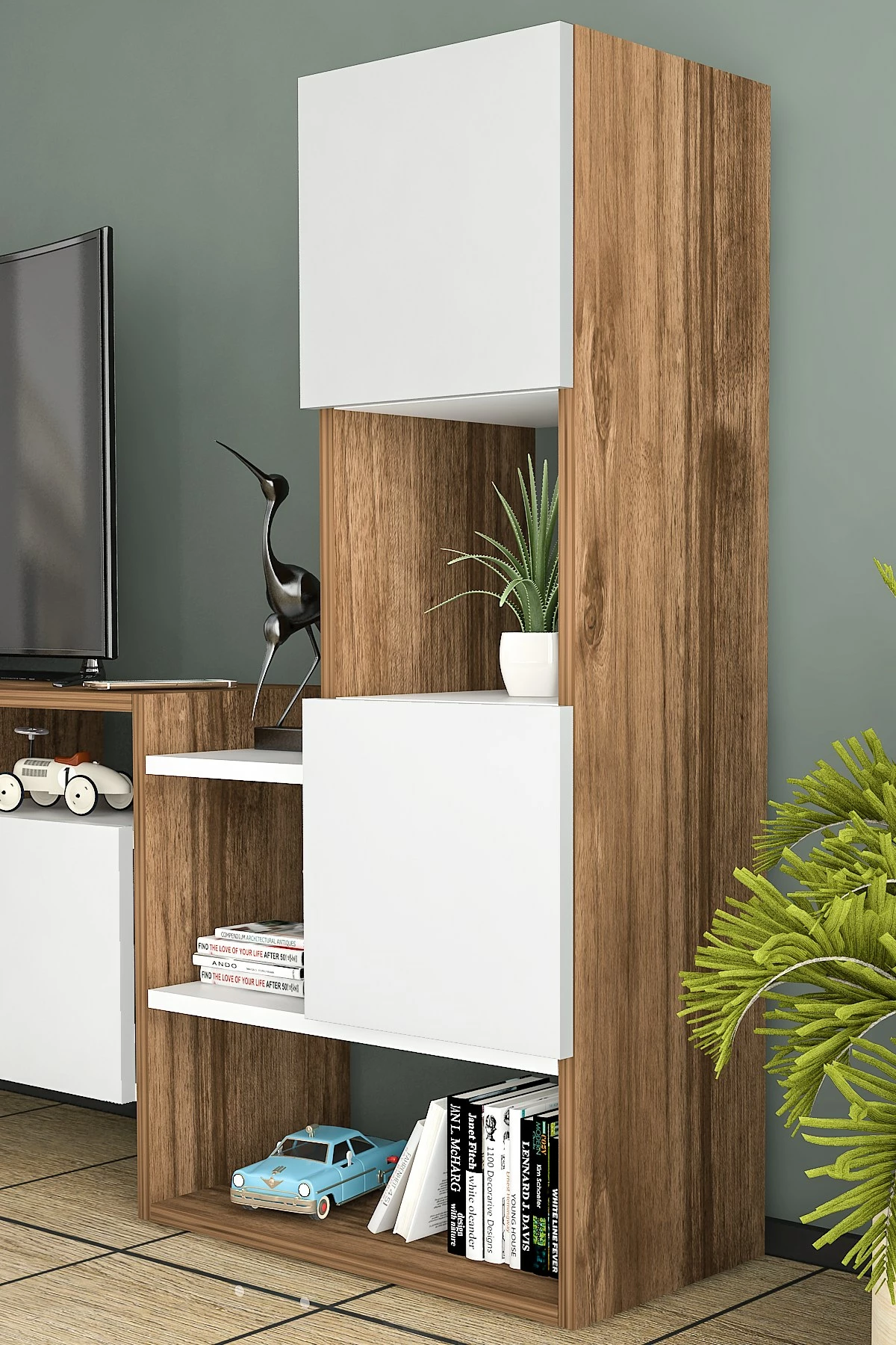 Komodë TV Hanah Home, Tower, e bardhë dhe arre