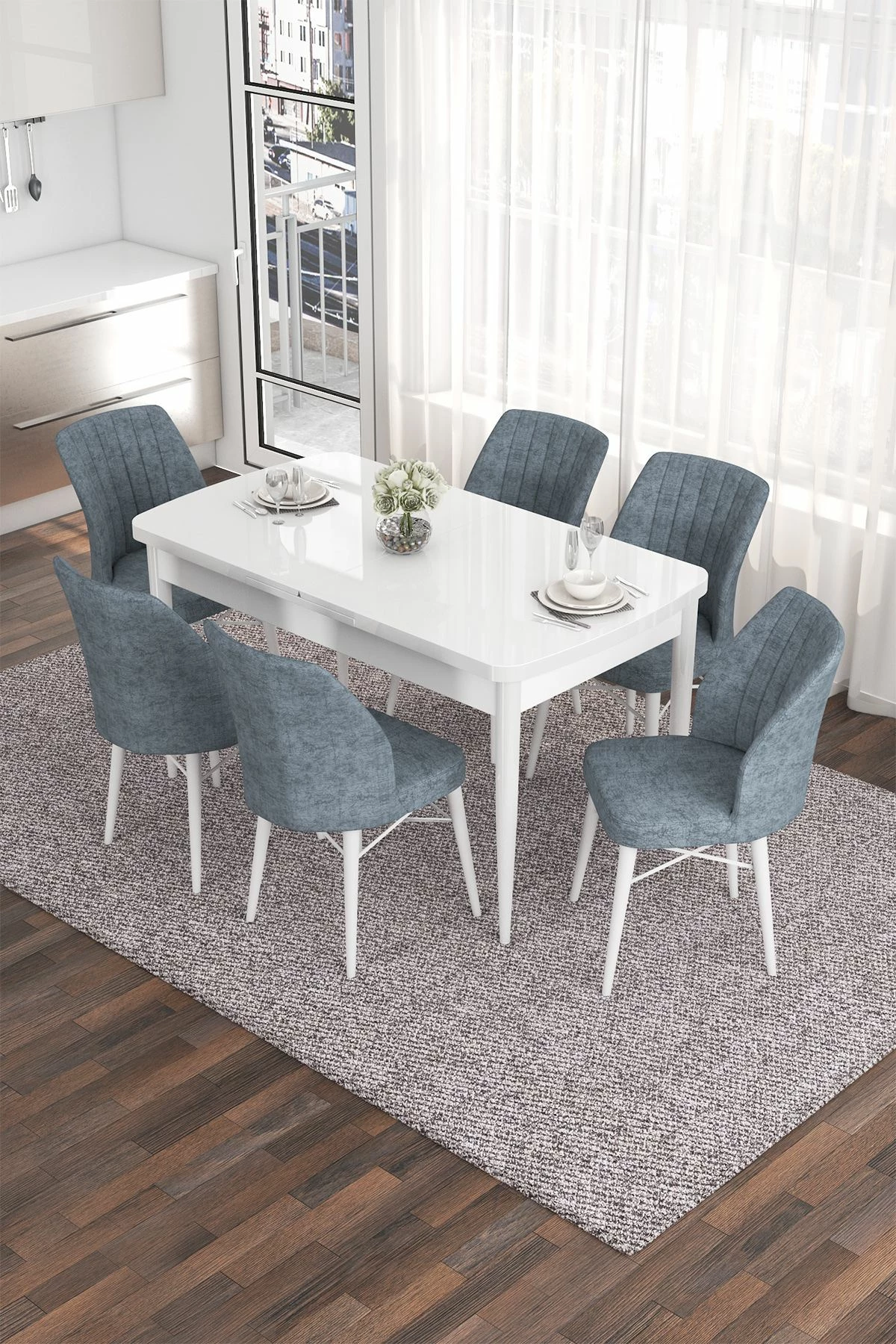 Tavolinë me karrige, zgjatshme, 7 copë, Skye Decor, Eva, e bardhë, gri