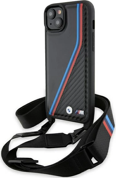 Mbështjellës BMW M Edition Carbon Tricolor Lines & Strap për iPhone 15 Plus / 14 Plus, i zi