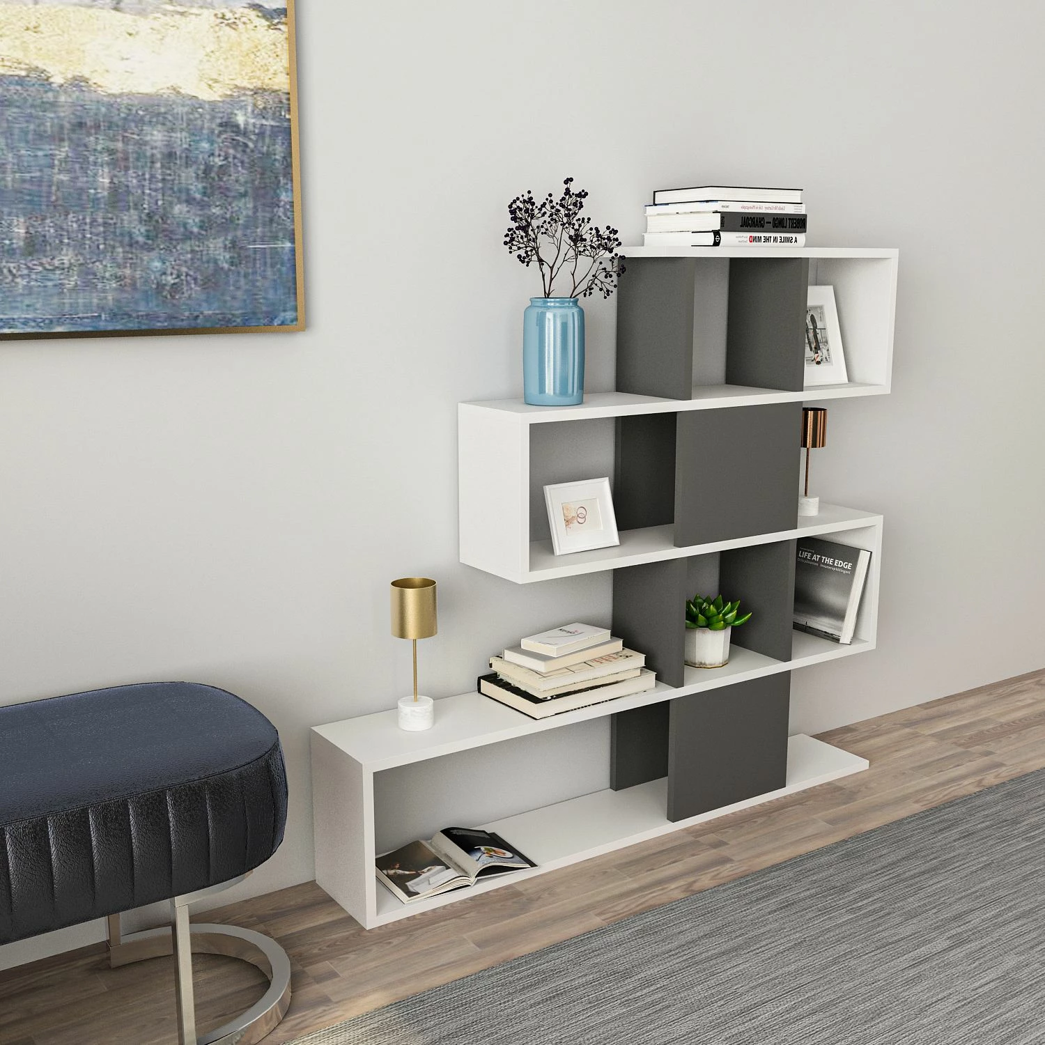 Raft librash Hanah Home, Karlin, bardhë-antracit